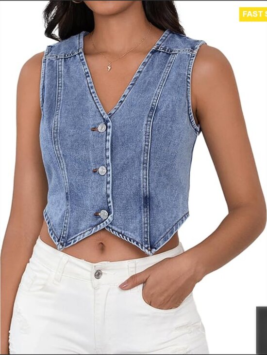 Cropped Denim Vest Sleeveless Button Down Y2K Western Vintage Casual Top